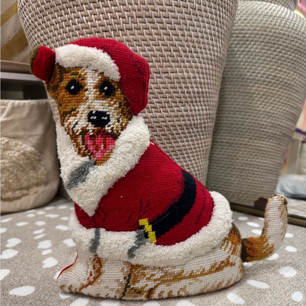 Handmade Needlepoint Christmas Jack Russell Dog standup puppy decor Santa Hat 3D
